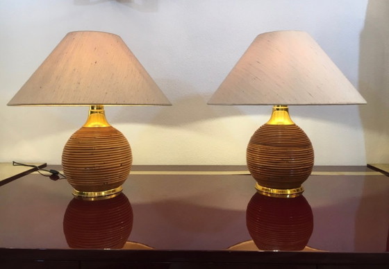 Image 1 of 2x Brass & Rattan Table Lamps in the manner of Vivai del sud 1970s