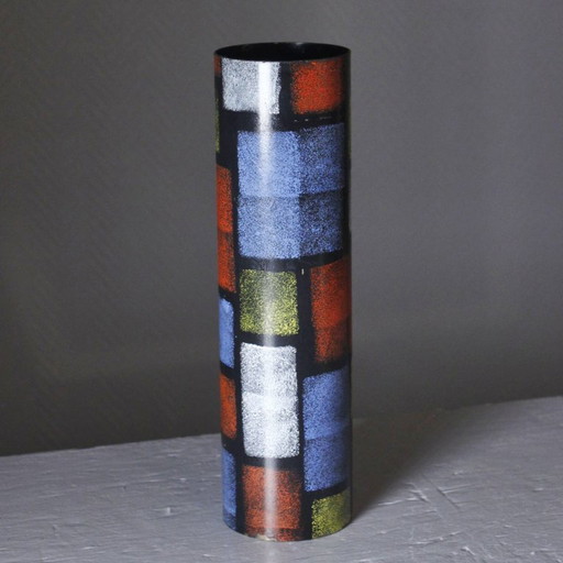 Vintage modernist design brass painted roller vase in the style of Mondrian, Italy, 1950s