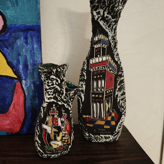 Image 1 of Vintage San Marino Brutalist Lava Ceramic Vase Set – Mid Century Italian Pottery