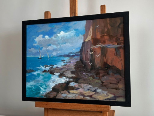 Original Oil Painting Coastal Rock Landscape Sailing towards a dream