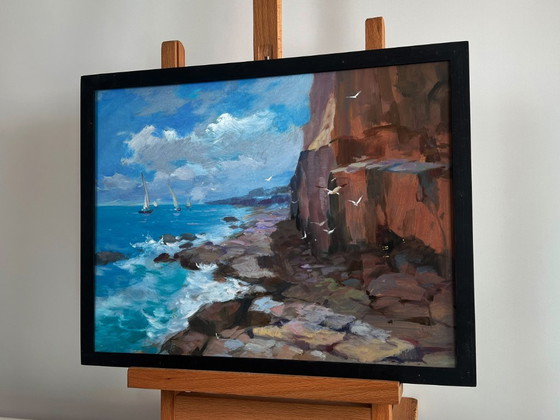 Image 1 of Original Oil Painting Coastal Rock Landscape Sailing towards a dream