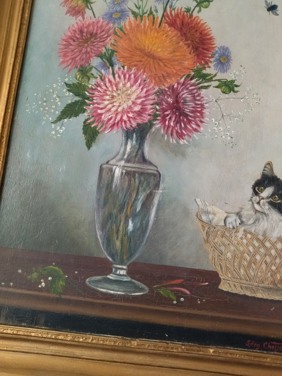 Antique Painting on Panel - Kitten and Flowers - Signed Léon Chevalier – Leon Chevalier, Paintings & Drawings (photo 8 of 10)
