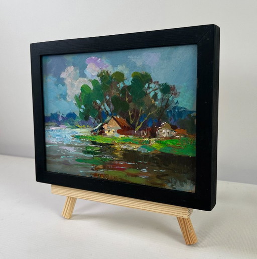Original Oil Painting Summer Coastal Landscape The river flows past the village