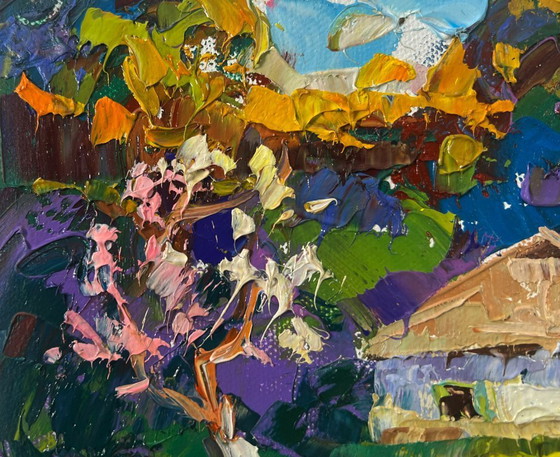 Image 1 of Original Oil Painting Summer House Landscape: The Yard Smells of Fresh Hay and Silence