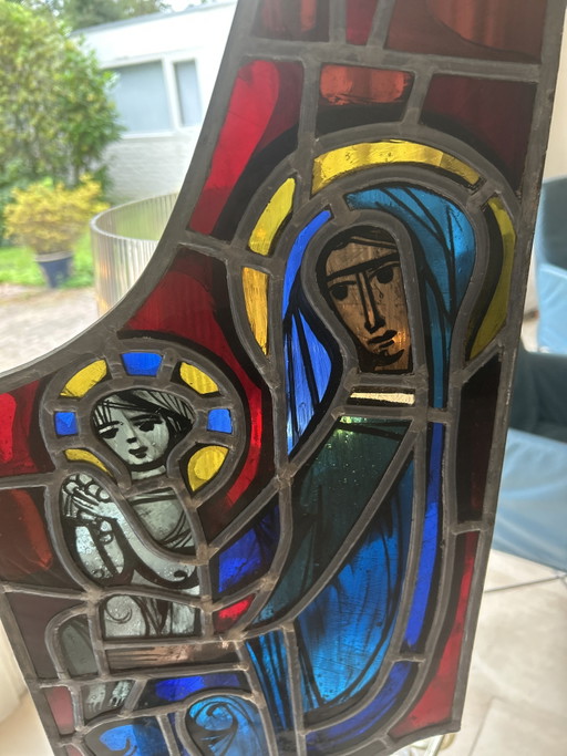 Panneau de vitrail original. Marie et l'Enfant – decoratieve objecten, Glass