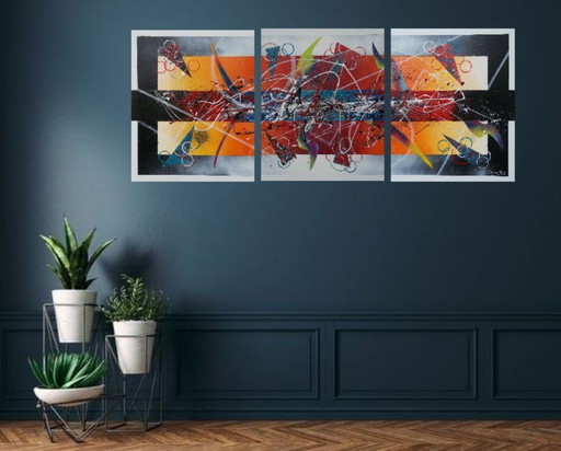 JONGLERIES une œuvre du peintre français 2LUSS'ART – L’Énergie en Mouvement sur Toile Triptyque . Format 152 x 61