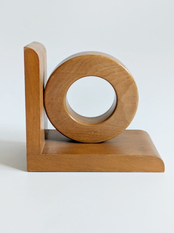Image 1 of Midcentury Wooden Bookends Pair, Bauhaus Art Deco Style Hoop Design, Sculptural Shelf Decor