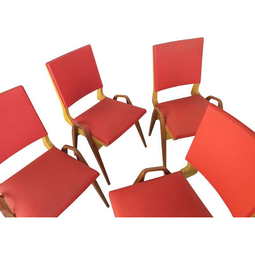 Set of 4 vintage wood and red skai chairs by Maurice Pré