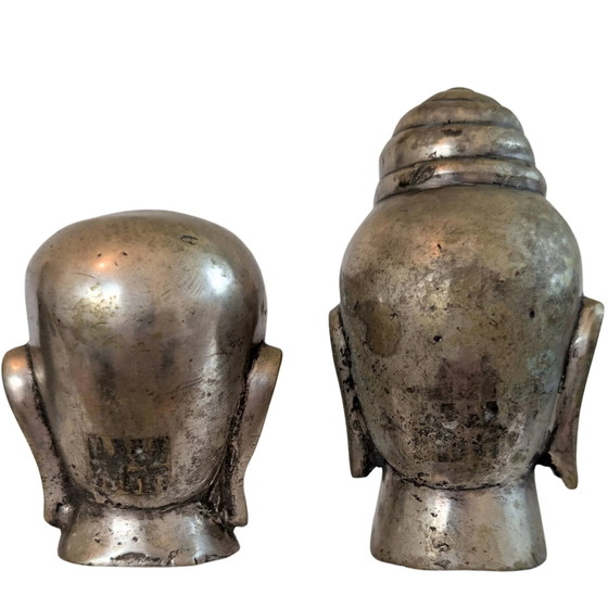 Set of 2 Bronze Heads – Buddha & Monk – Hand-cast Asian Bronze – Sculpture, Aziatisch (photo 5 of 9)