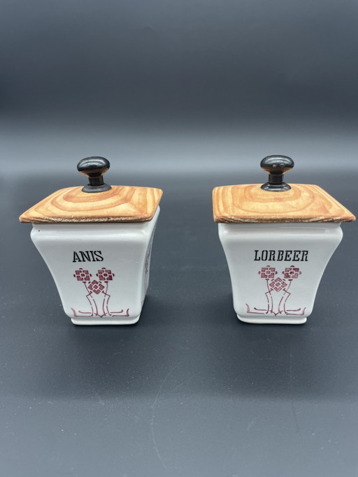 Paar antike Gewürzdosen Villeroy & Boch Wallerfangen um 1874-1909 – decoratieve objecten, Ceramic, Wood