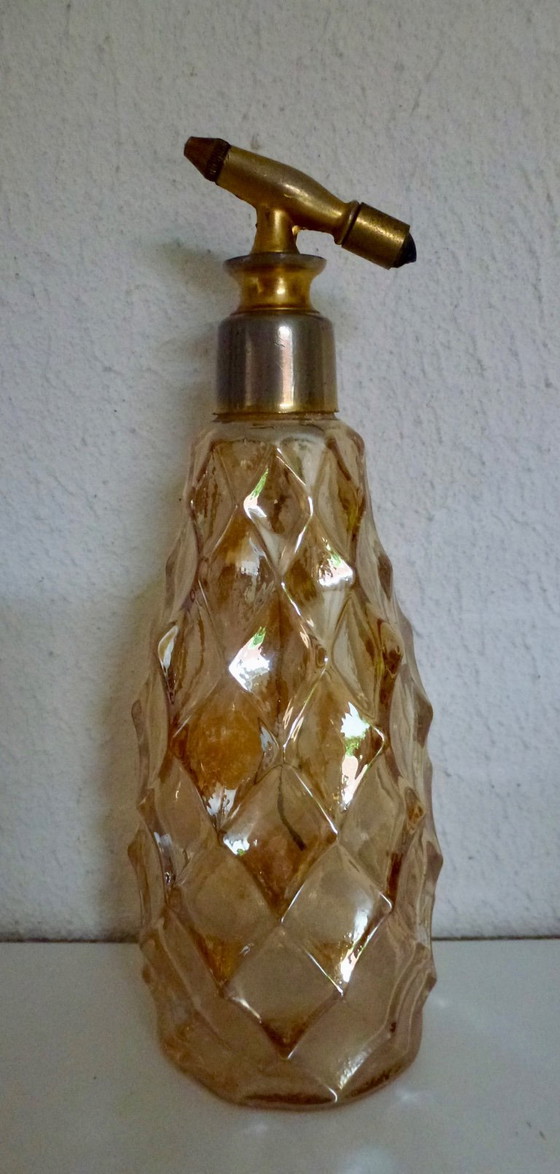 Zeldzame 7-Delige Vintage Carnival Glass Kaptafelset / Toiletset – Amber Iriserend Glas. – Decoratie, Metal (photo 4 of 10)