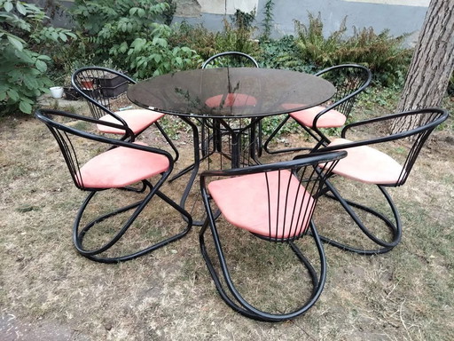 Zesdelige Rima draad Eetkamerset met gerookt glazen tafel van Gastone Rinaldi, jaren 70, 7-delige set