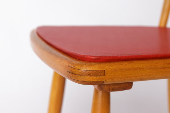 Image 1 of Vintage Beech Dining Chair with Original Red Faux Leather Seat – 1960s/70s Mid-Century German Design