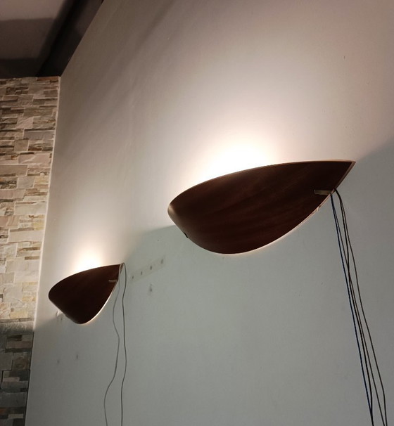 Image 1 of Paar Wandleuchten aus Holz und Messing von Declic, 1980er Jahre