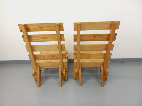 Image 1 of Pair of Vintage 60's Wooden Brutalist Slatted Chauffeured Armchairs