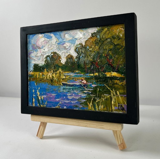 Original Oil Painting Summer Nature Landscape A boat ride along the river