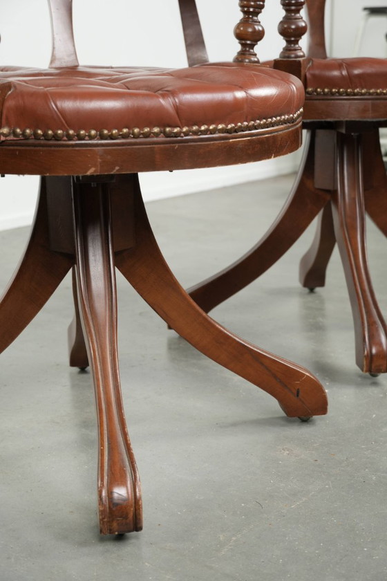 Image 1 of 2 x Swivel English Style Cowhide Leather Chesterfield Office Chairs in a Beautiful Brown Color