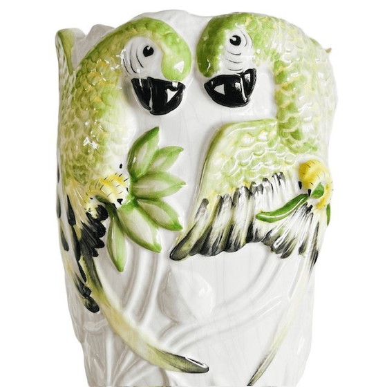 Image 1 of Vintage Portuguese XL white ceramic vase hand-painted parrots 1940s