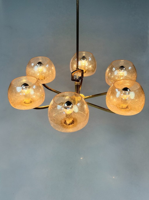 Vintage Brass Chandelier/Pendant Lamp, 6 Arms, Amber Bubble Glass