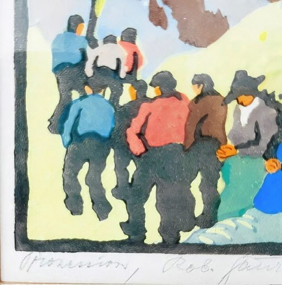 Image 1 of Vintage ingelijste Robert Saurwein gesigneerde kleurhoutsnede "Prozession" 1940's