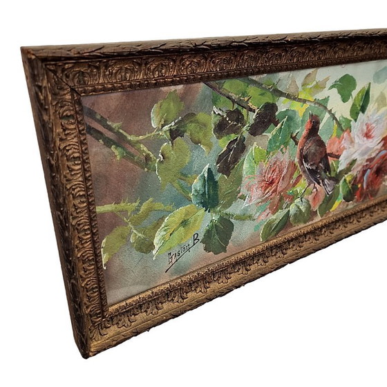 Image 1 of French watercolor with flowers and birds, Gaston B, first half of the 1900s