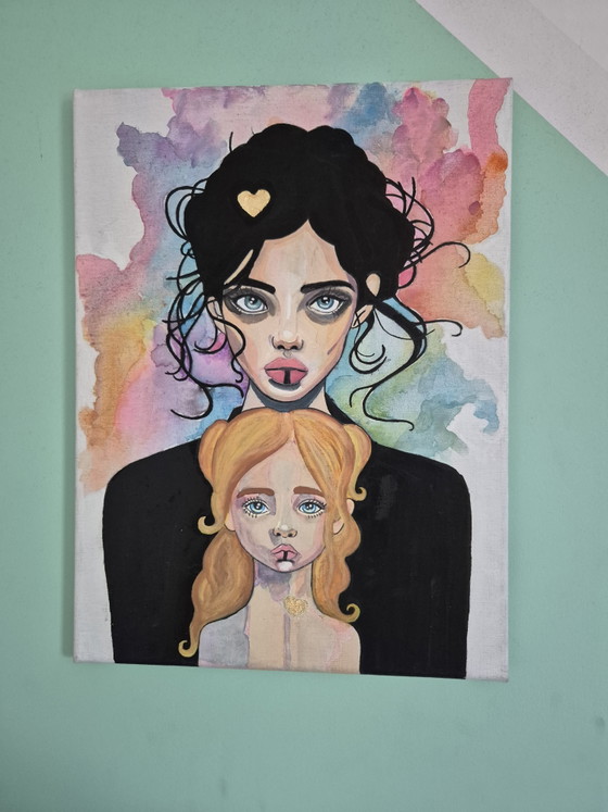 Image 1 of Mère et fille – Portrait contemporain en techniques mixtes