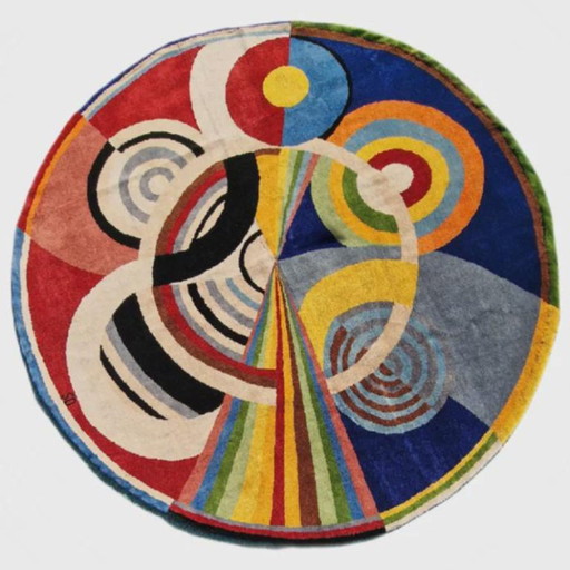 Rond vloerkleed geïnspireerd op Robert Delaunay – Handgeknoopt zijdewol, vierkant kunsttapijt van 215 cm.