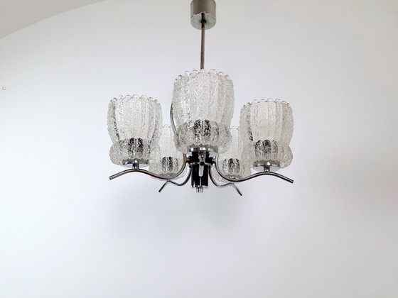 Image 1 of Vintage Pendant Crystal Light, Mid-Century Chandelier, Emi Poljcane with Five Crystal Lampshades
