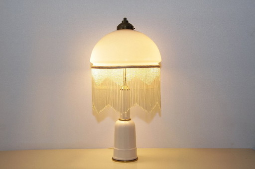 Tischlampe Glasschirm Opalglas Glasperlen 55cm 70er J Vintage