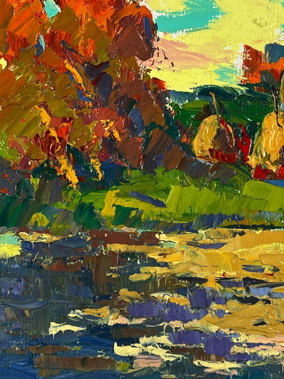 Image 1 of Peinture à l'huile originale représentant un paysage naturel, un bateau et un coucher de soleil se reflétant sur la rivière.