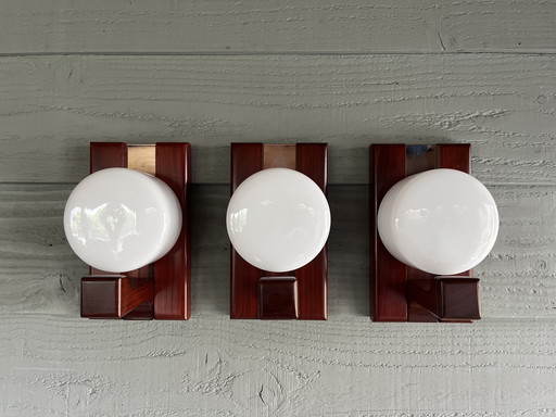 Vintage set of 3 space age wall lamps teak with opal glass