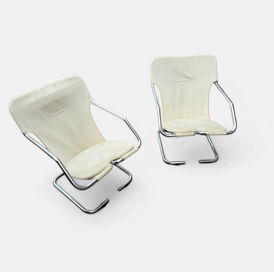 2 x Silla cantilever tubular cromada con asiento de lona color crema – Sillas auxiliares, Chrome, Canvas (photo 6 of 10)