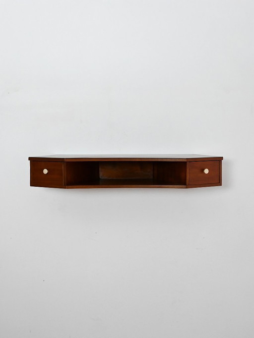 Comodino scandinavo da parete in mogano con pomelli in bachelite