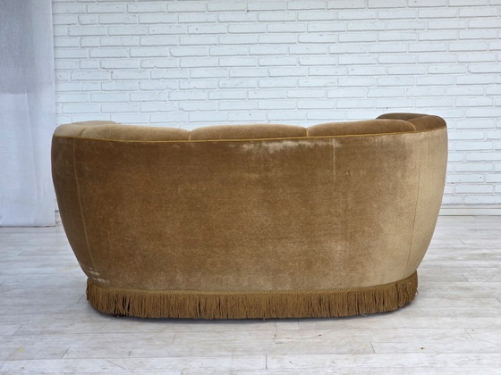 Image 1 of 1960s, Danish "Banana" 2-seater sofa, green furniture velour, oak wood.