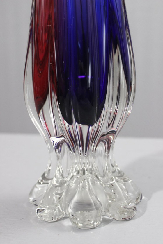 Image 1 of Grote vaas van Murano-glas, vervaardigd met de Sommerso-techniek, roze en blauw, Italiaans design, jaren 70.