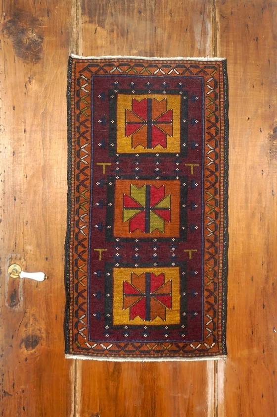 Image 1 of vintage tribal wool rug * afghan baluchi style carpet * geometric nomadic rug * small accent rug boho decor