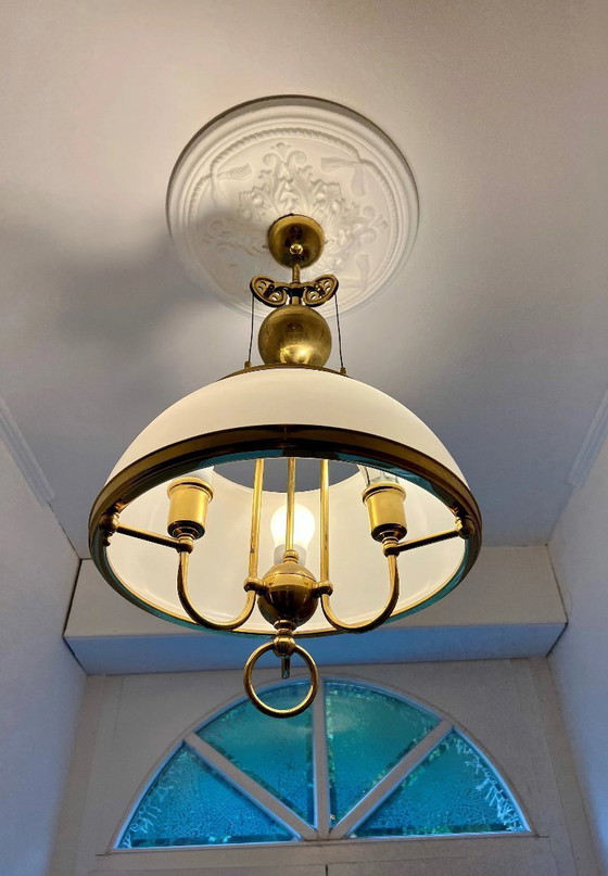 Image 1 of Rara lampada a sospensione in stile Art Déco, lampada da soffitto con elementi steampunk, antica, vintage, ottone e vetro