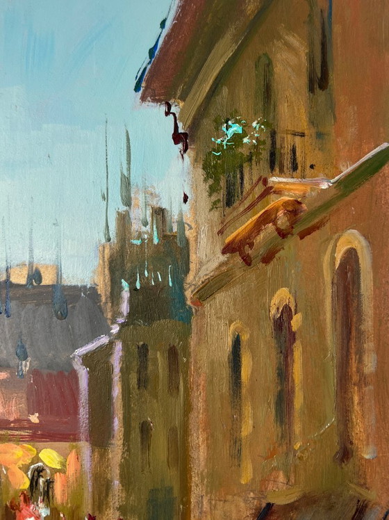 Image 1 of Peinture à l'huile originale, paysage de rue de ville, ruelle d'enfance