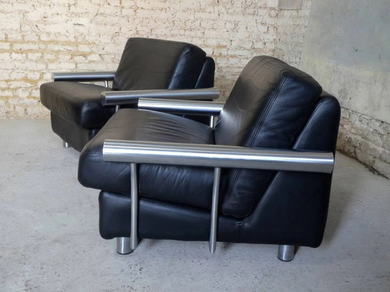 pair of armchairs, black leather & stainless steel, 1990 – Vintage (photo 12 of 14)