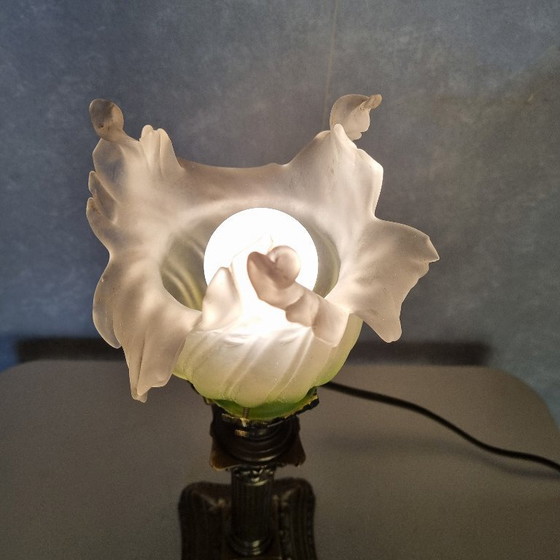 Image 1 of Lampada da scrivania Art Déco in opalino verde con base in bronzo