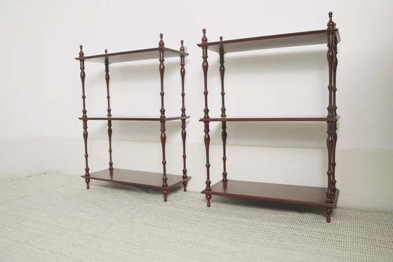 Image 1 of Mahogany-Finish Hanging Wall Shelf Set of 2 Pair, Traditional Spindle Display Shelves, Vintage Colonial Style Decorative Modula