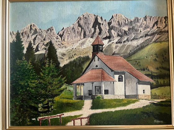 Image 1 of Peinture à l'huile - Paysage alpin avec église Signé M. Knerr 56 × 46 cm Avec cadre