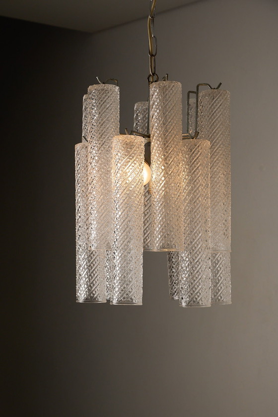 Lampadario in vetro a dodici tubi con motivo a spirale, Italia, anni '60, Plafoniere, Metallo (foto 3 di 9)
