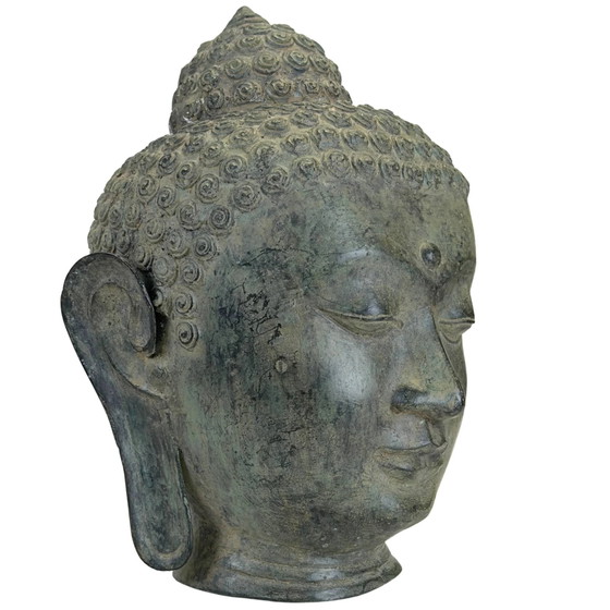 Patinated Bronze Buddha Head in U Thong Style – Thai Art 27 cm – Sculpture (photo 2 of 10)