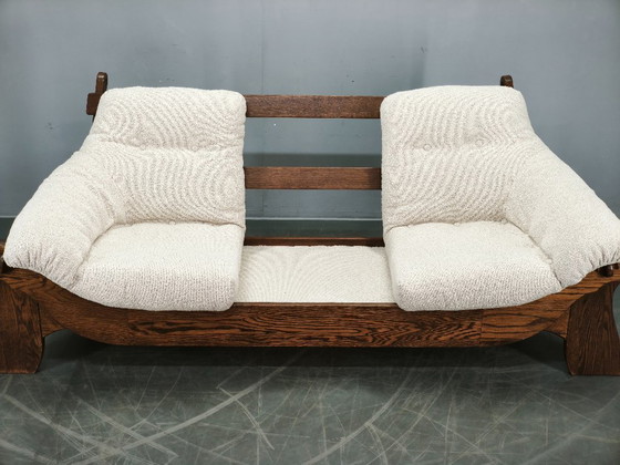 Image 1 of Brutalist Solid Oak and Bouclé Three-Seat Sofa, Czechoslovakia 1970s