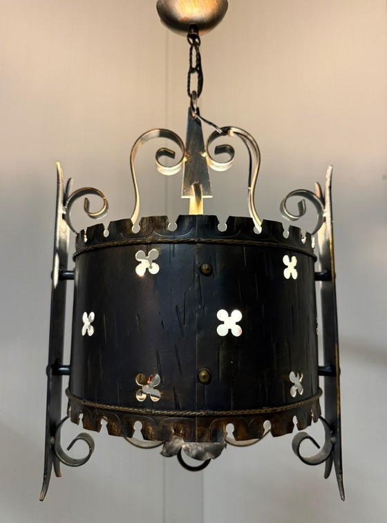 Brutalist classic castle style iron pendant lamp 1960s, Metal, Black, Rustic (photo 6 of 13)
