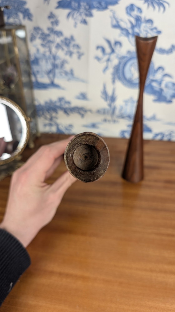Image 1 of Pair of Scandinavian "Tulip" Candleholders in Vintage Teakwood from the 60s - Mid - Century Design