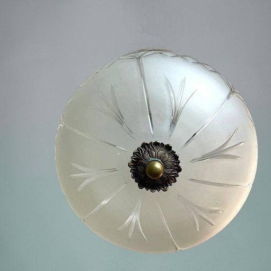 Image 1 of Portuguese regency-inspired frosted glass pendant with ornate brass crown