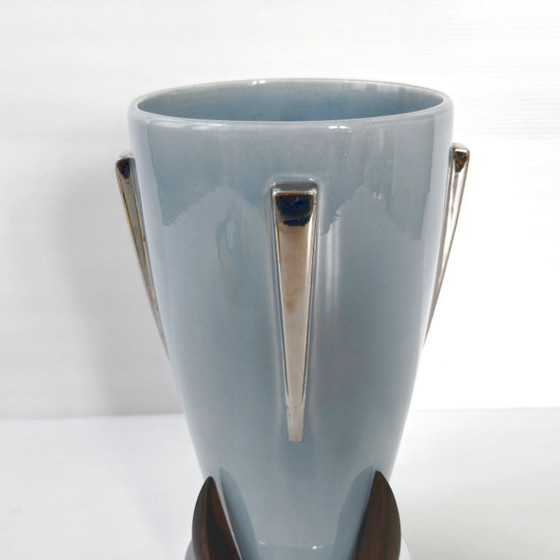 Image 1 of Vintage Scandinavian Art Deco Vase, 1920s, Ceramic, Rosewood, Chrome, Retro