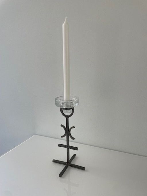 Rare chandelier brutaliste vintage – fer forgé et verre